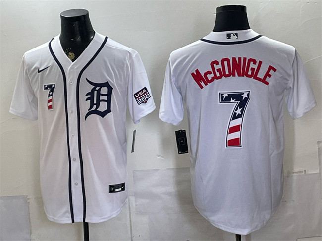 Men's Detroit Tigers #7 Kevin McGonigle White 2026 USA 250 Fourth of July Stitched Baseball Jersey